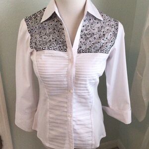 Zac & Rachel White Button Down Shirt with Black Pattern and Embellishments